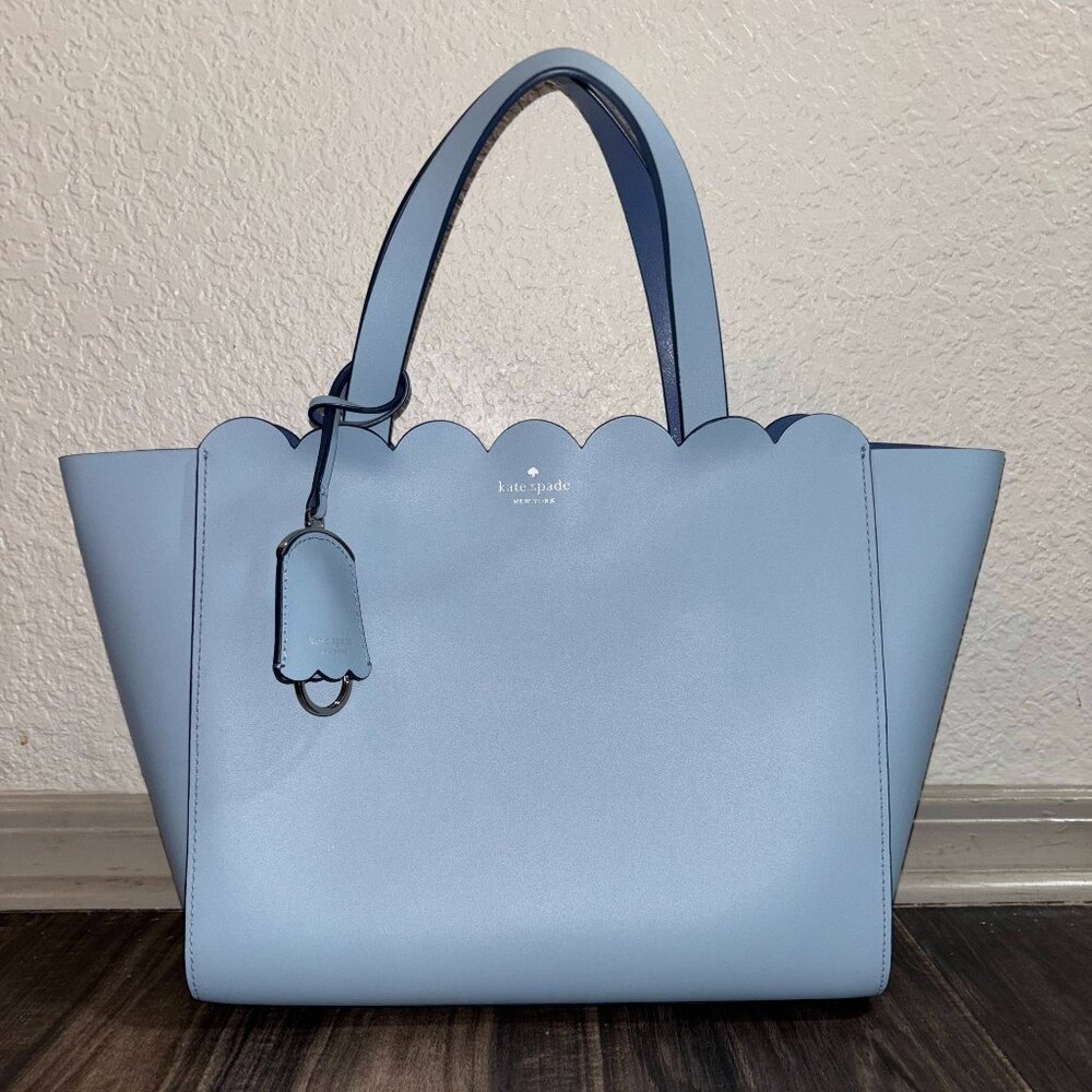 Kate Spade Hayes Street Samira Scallop Tote Blue Leather Shoulder Bag Purse NEW